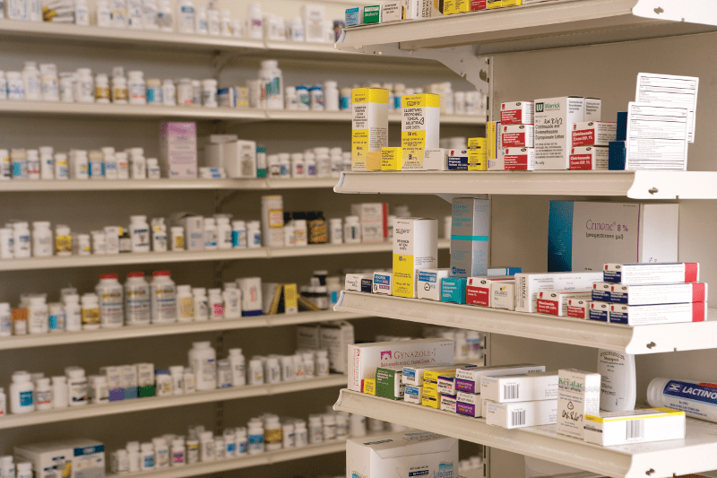 Stocked pharmacy shelves